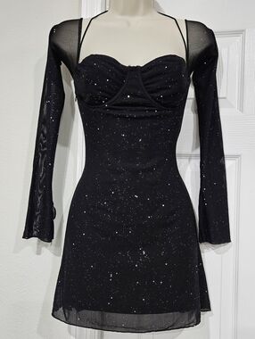 Black Sparkle Mesh Mini Dress with Sheer Long Sleeves